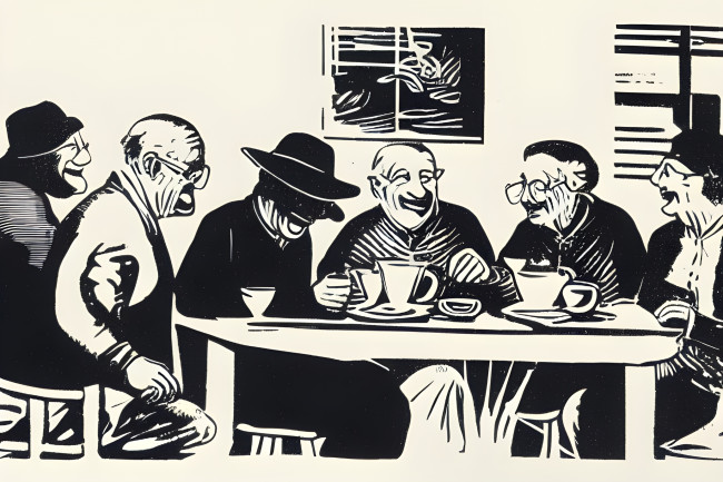 Zeichnung von äleren Menschen, die Kaffee trinken